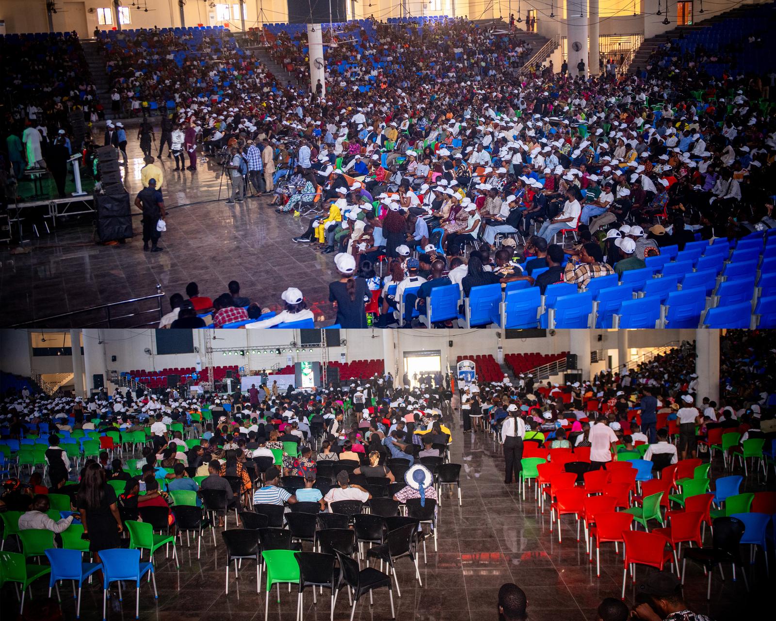 Large crowd of students at Project New Nigeria event